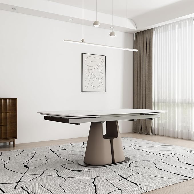 Modern Dining Table, Seats 8-10, Extendable Sintered Stone Dining Table, White Top, Saddle Leather Pedestal Table, 90 in.（1Table