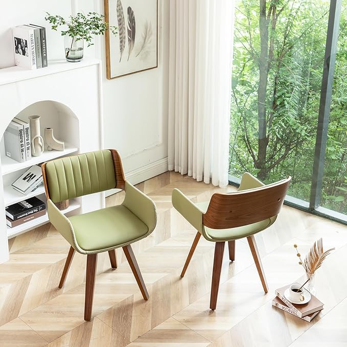 LUNLING Swivel Accent Faux Leather Dining Chairs Set of 4,Mid Century Modern Chairs with Wooden Legs/Armrest/Upholstered Seat/Adjustable Foots for Kitchen Dining Room Desk Chairs,Green
