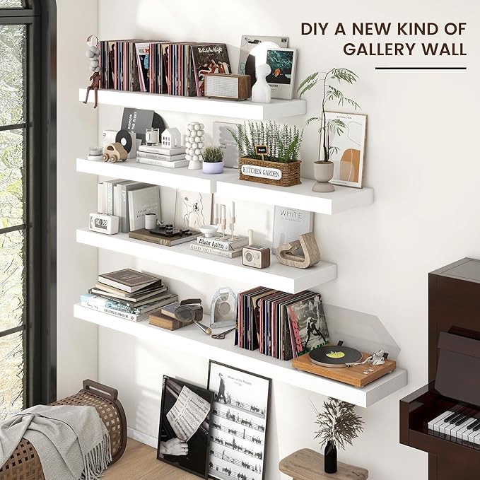 Floating Shelves for Wall, 55 Inch Wide x 12 Inch Deep Floating Shelves, Long Wood Floating Wall Shelf Shelves for Living Room Bathroom Bedroom Kitchen Home - (White, 55" W x 12" D x 2" H)