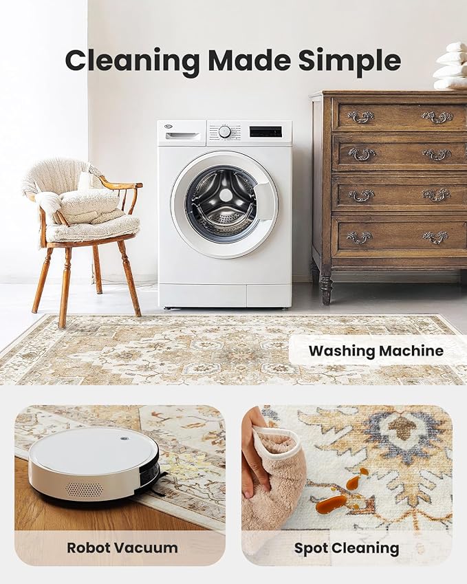 AMADA HOMEFURNISHING 5ft Round Area Rug, Low-Profile Washable 5x5 Rugs with Non-Slip Backing & Durable Edge Binding, Vintage Rug for Kitchen, Bedroom & Hallway, Beige