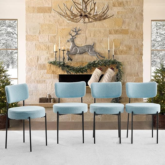 Blue Boucle Dining Chairs Set of 4, Upholstered Dinner Chair with Metal Frame, Dining Room Chairs with Padded Seat, Round Modern Seating for Living Room