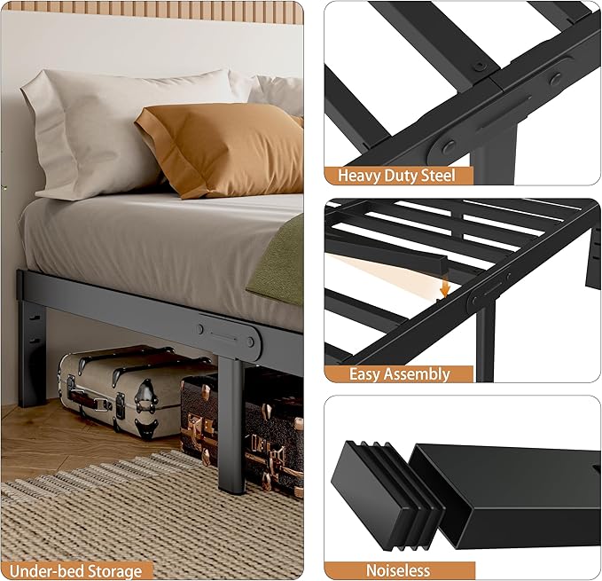 Full Size Bed Frame 16 Inch, Metal Platform Full Bed Frame No Box Spring Needed, DIY Headboard Hole, Heavy Duty Steel Support 3500 LBS, Noiseless, Round Leg, Storage Space, Easy Assembly, Black