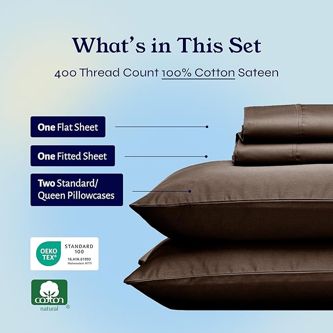 California Design Den Queen Sheet Set - Soft 400 Thread Count Sateen, Natural 100% Cotton Sheets for Queen Size Bed with Deep Pockets, Cooling and Durable Bedding Set - Espresso Chocolate Brown