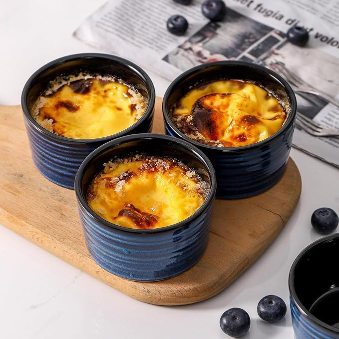Ceramic 4 oz Ramekins,Small Souffle Dishes Set of 6, Mini Baking Bowls for Kitchen, Porcelain Dipping Sauce Cups for Creme Brulee, Pudding, Ice Cream, Lava Cakes, Microwave & Oven Safe, Blue