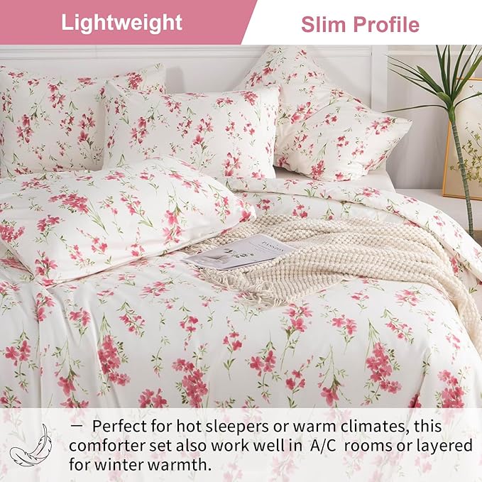EAVD Pink Floral Comforter Set Queen Soft Microfiber Chic Shabby Garden Pink Floral Bedding Queen Comforter Set with 2 Pillowcases Fresh Botanical Comforter Set for All-Season