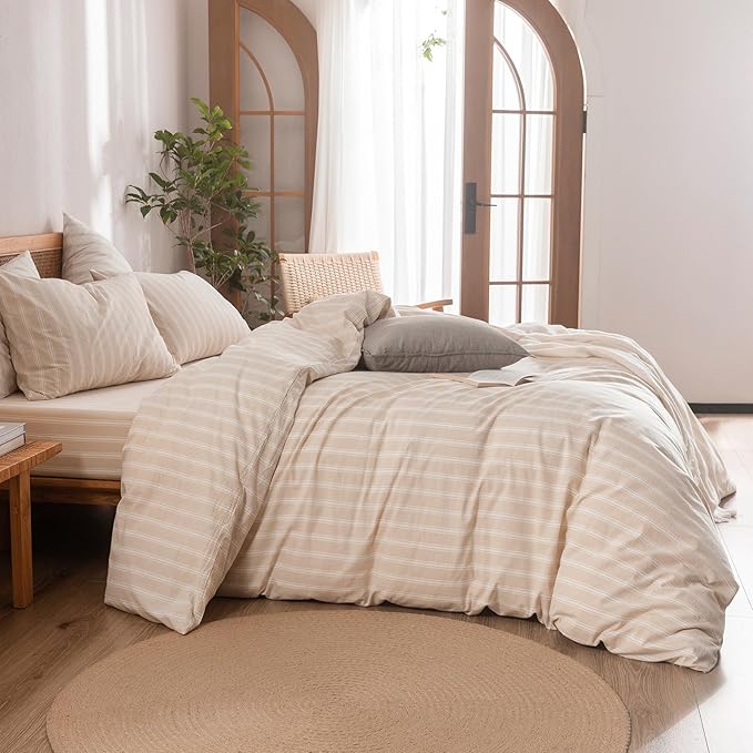BESTOUCH Duvet Cover Set 100% Washed Cotton Linen Feel Super Soft Comfortable Chic Lightweight 3 PCs Home Bedding Set Almond Grey & White Stripes Queen