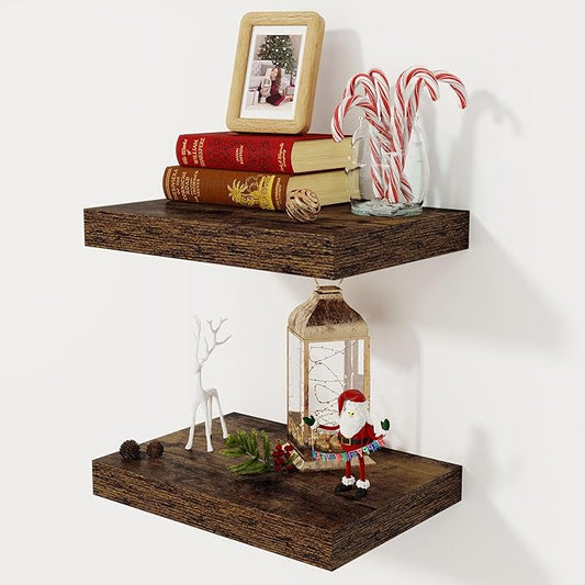 12 Inch Deep Floating Shelves, 16 x 12 Floating Shelf for Books, Rustic Wood Deep Wall Shelves for Home Storage & Display, 2" Thicked Shelves for Kitchen, Living Room, Bedroom, Rustic Brown, 2 Pack