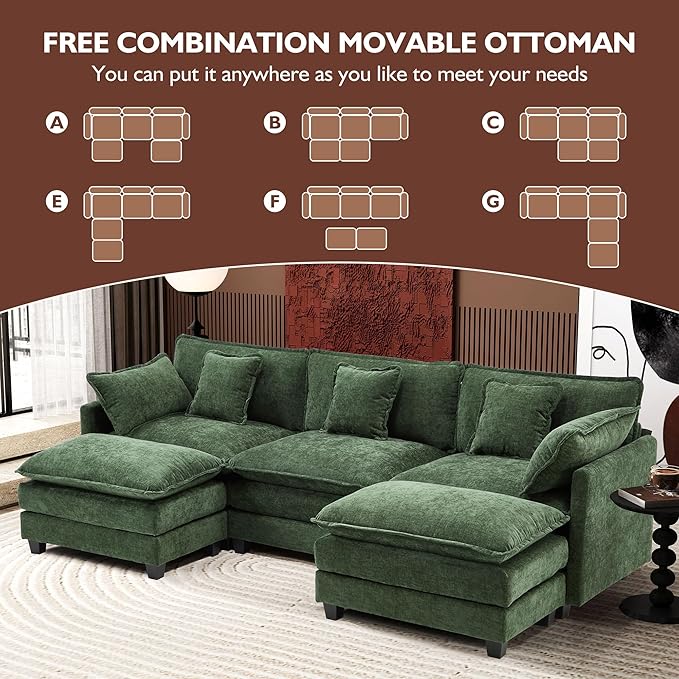 Ihanherry 111.4" U Shaped Modern Sofa Modular Sectional Cloud Couch with 2 Ottoman, 5-Seat Chenille Deep Seat Sofa with Pillow for Living Room, Bedroom and Apartment, Green