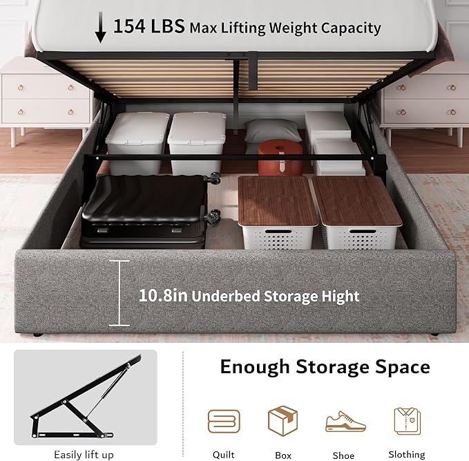 iPormis Queen Size Lift Up Storage Bed Frame with Charging Station, Upholstered Platform Bed Frame with Tufted Headboard, Hydraulic Storage, No Box Spring Needed, Noise-Free, Easy Assembly, light Grey