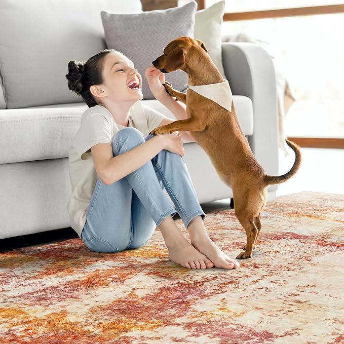 Area Rug Living Room Rugs - 10x14 Washable Modern Neutral Abstract Rugs Soft Low Pile No Slip Stain Resistant Rug Indoor Large Carpet for Bedroom Dining Room Nursery Room Home - Pink/Orange
