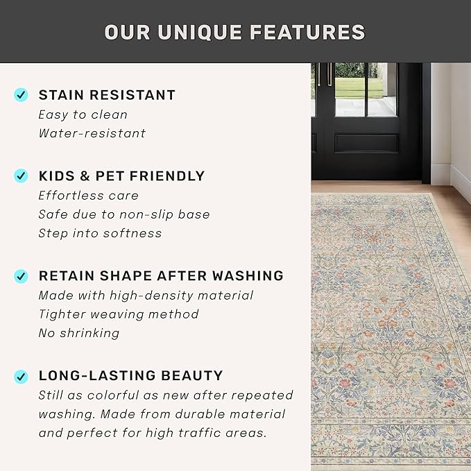 Large 3x4 Entryway Rug Indoor - Washable Non-Slip Low Pile Stain Resistance Ultra Thin Area Rug for Large Kitchen, Bedroom Beside Bed - Vintage Floral Botanical Beige Blue Decor