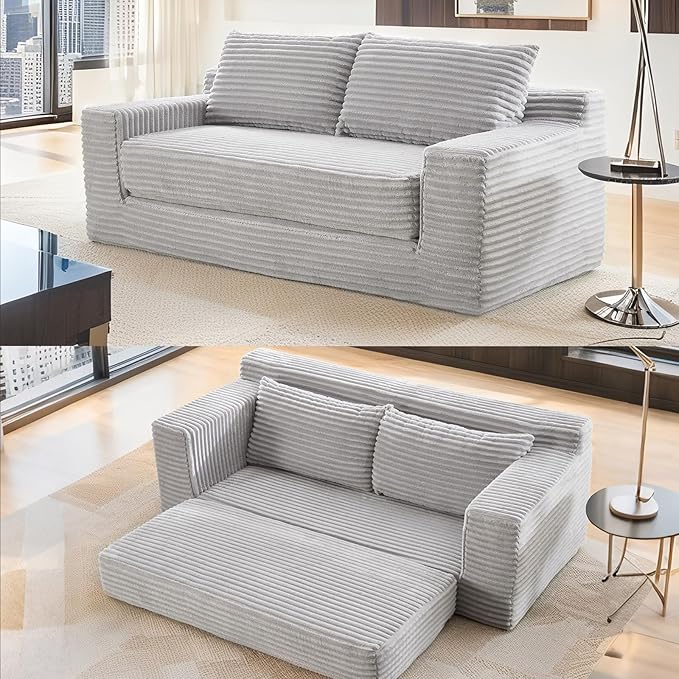 Fefances Loveseat Sofa Bed Boneless Couch, Convertible 2-in-1 Design, Corduroy Fabric - Compact Memory Foam Couch for Small Spaces, Apartments, Home Office & Bedroom （Grey）