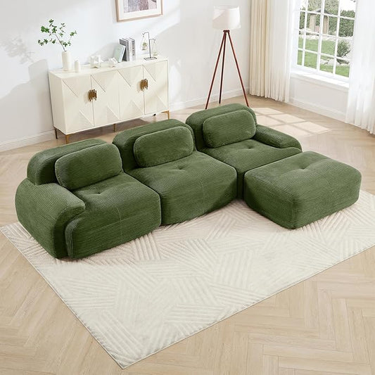 116" Modern Compressed Boneless Couch with Ottoman, 3 Seater Large L Shaped Sectional Couches for Living Room, Green Corduroy Cloud Modular Sectional Sofa, Memory Foam, Extra Deep, No Assembly