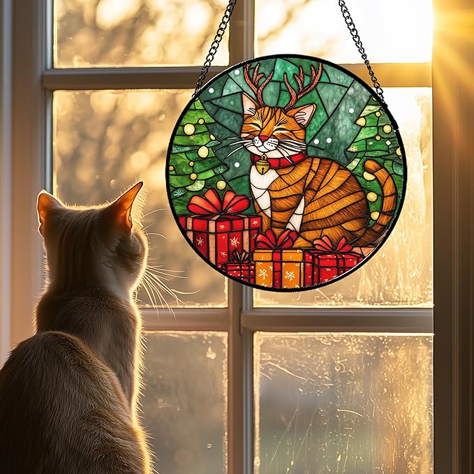 Stained Glass Window Hanging Orange Cat Elk Antler 6.3" - Suncatcher Door Garden Kitchen Sun Catcher Home Decor Birthday Gifts for Lost Pets Mom Men Woman Friend Grandma