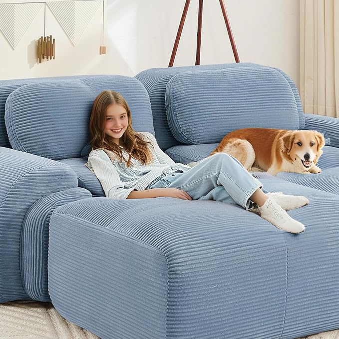 152" Modern Corduroy Cloud Sofa with Ottoman, L Shaped Boneless Modular Large Sectional Couches for Living Room, Blue 4 Seater Compressed Memory Foam Couch, Extra Deep Seat, No Assembly