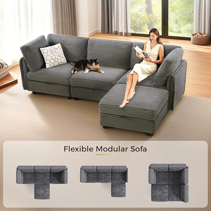KKL Modular Sectional Sofa L-Shaped 4 Seater Couch with Storage Ottoman, Plush Wide-Wale Corduroy Couch for Living Room, Apartment, Modern Design, Gray