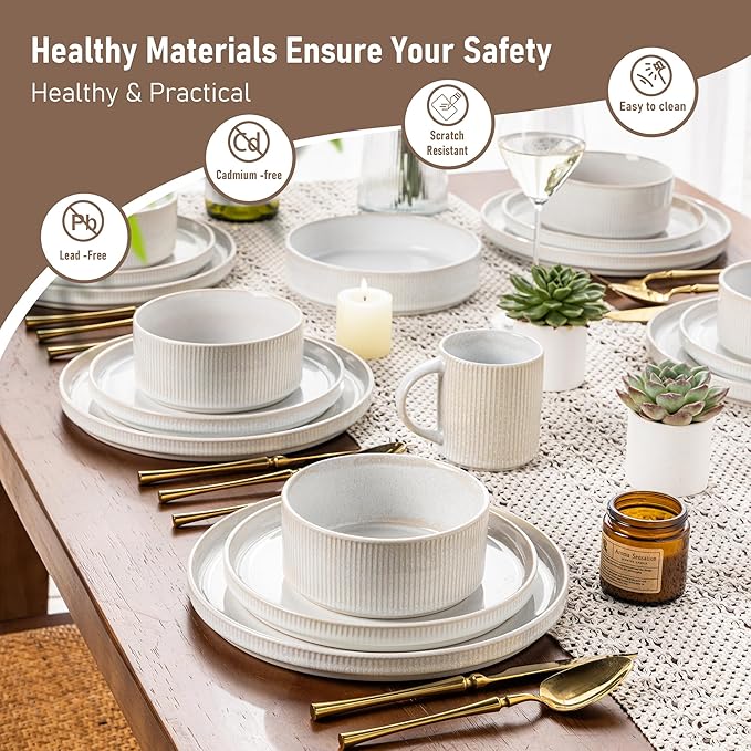GBHOME Stoneware Dinnerware Sets for 8,Round Reactive Glaze Ceramic Plates and Bowls Set,Highly Scratch Resistant| Dishwasher & Microwave Safe Dishes Set,Service for 8(24Pcs),Sugar White