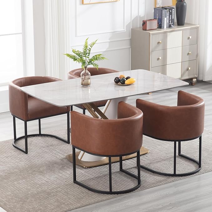Faux Leather Dining Chairs Set of 8 Modern Barrel Arm Chairs with Black Metal Frame, Upholstered Kitchen Chairs 18.5" Wide Accent Chairs for Living Room Dining Room Restaurant, Brown