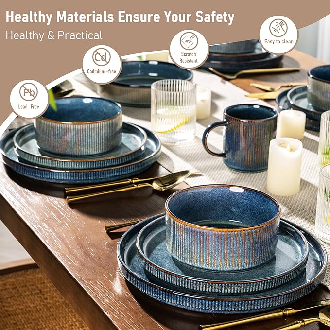 GBHOME Stoneware Dinnerware Sets for 6,Round Reactive Glaze Ceramic Plates and Bowls Set,Highly Scratch Resistant | Dishwasher & Microwave Safe Dishes Set,Service for 6(18Pcs),Ceylon Blue