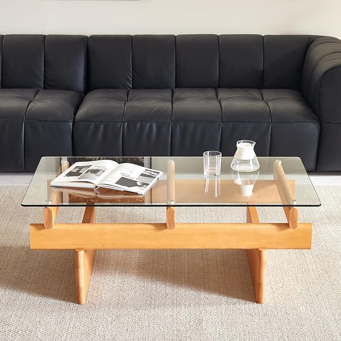 IWOOD Glass Coffee Table for Living Room,100% Solid Wood Coffee Table with Rectangular Tempered Glass Top,Mid Century Modern Coffee Table,Wood