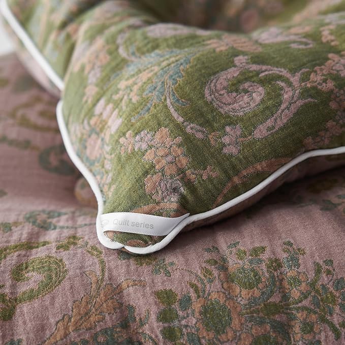 EAVD Paisley Floral Comforter Set Queen Soft 100% Muslin Cotton Boho Green Bedding Set with 2 Pillowcases Vintage Floral Botanical Comforter Set for All-Season