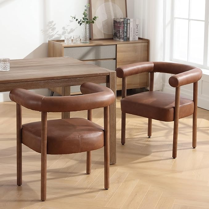 PU Leather Dining Chairs Set of 6, Modern Upholstered Dining Chairs, Curved Backrest Kitchen Dining Room Chairs Accent Chairs Arm Chairs with Natural Wood Legs, Brown