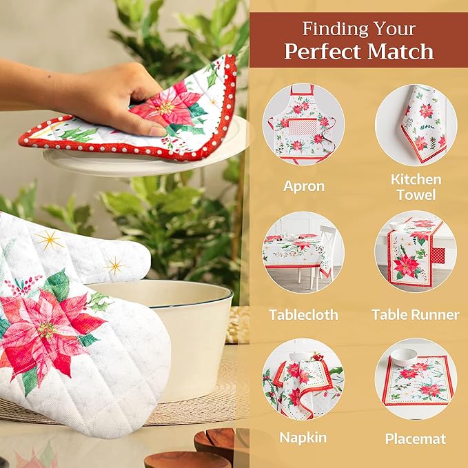 Maison d' Hermine 100% Cotton Oven Mitt & Pot Holder Set (7.5"x13" & 8"x8") Heat Resistant BBQ Cooking Gloves with Loop for Thanksgiving Christmas Decorations Handling Hot Pans (Poinsettia Christmas)