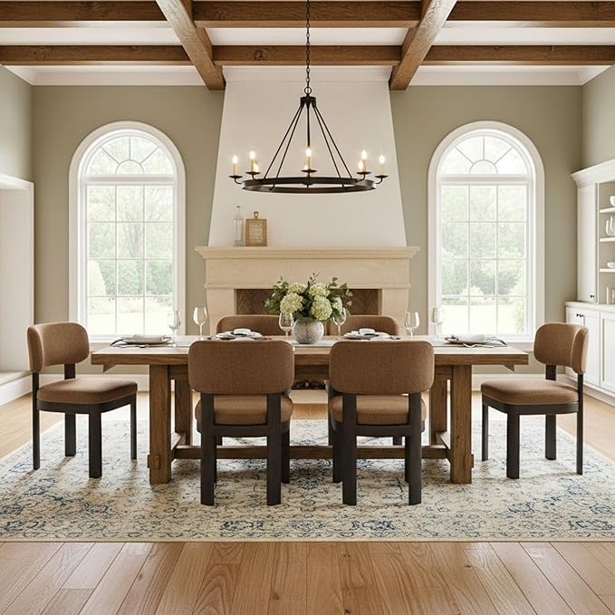 Modern Brown Upholstered Dining Chairs Set of 4 Wooden Side Chairs with Curved Backrest and Black Legs for Kitchen Island, Dining Room