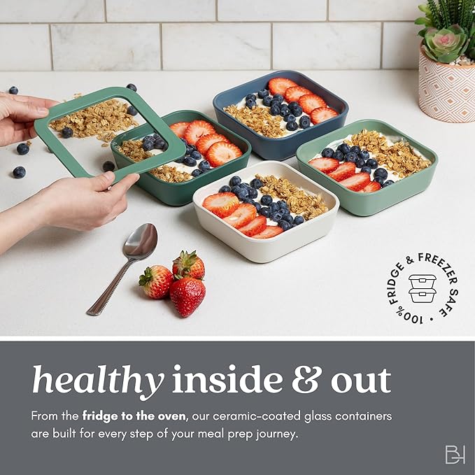 Ceramic Coated Glass Food Storage Container | No PTFE, PFOA, PFAS, and BPA | Reusable Non Toxic Meal Prep Container with Glass Lid | Easy To Store | 11 Cup Rectangle [Crema]