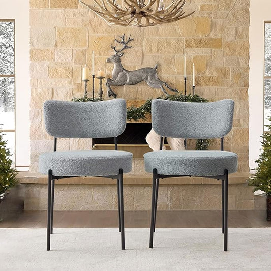Grey Boucle Dining Chairs Set of 2, Upholstered Dinner Chair with Metal Frame, Dining Room Chairs with Padded Seat, Round Modern Seating for Living Room