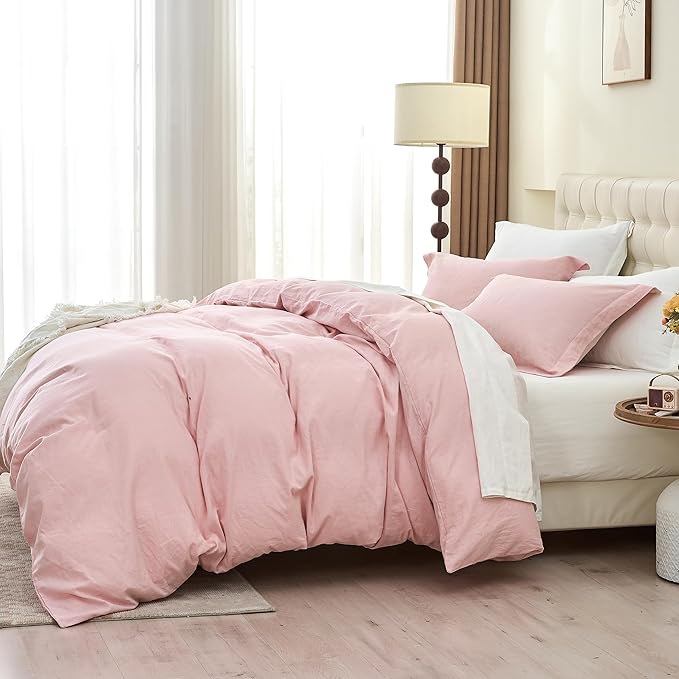 Simple&Opulence French Linen Duvet Cover Set- 104"x 92" - 3 Pieces (1 Comforter Cover,2 Pillowcases)-Natural Flax Cotton Blend-Solid Color Breathable Farmhouse Bedding - Pale Pink, King