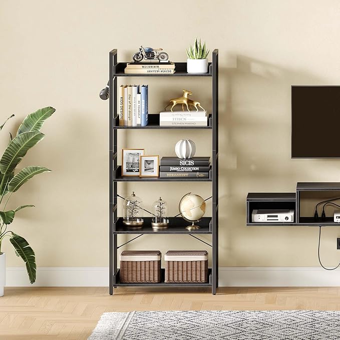 Rolanstar Bookshelf 5 Tier with 4 Hooks, Industrial Wood Bookcase, Vintage Storage Rack with Open Shelves, Rustic Standing Bookshelves Wood Frame Display Rack for Living Room, Bedroom, Black