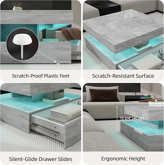 LED Coffee Table for Living Room, 2-Tier Modern Square Center Table with Music Sync Lights, High Gloss Surface, 30 3/4" x 30 3/4" (Grey)