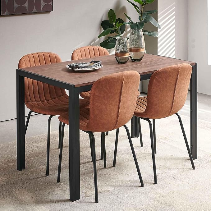Vintage Dining Table Set for 4, 47" Solid MDF Table Faux Wood Industrial Style Kitchen Table Set with 4 Brown Leather Dining Chairs for Breakfast Nook, Dinette