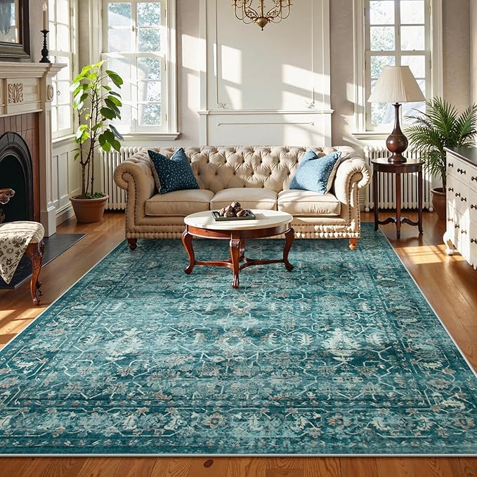 Lahome Vintage 6x9 Washable Blue Rugs for Living Room Bedroom, Soft Dining Room Rugs for Under Table, Non Slip Indoor Throw Carpet for Entryway Kitchen Office (6x9ft,Blue)