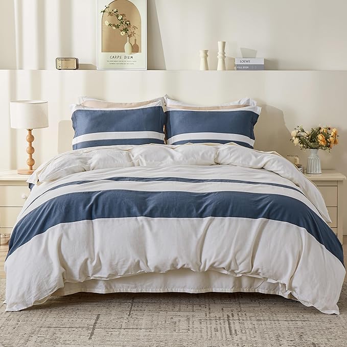Simple&Opulence French Linen Duvet Cover Set with Stripe 88”x92”, 3 Pieces(1 Comforter Cover and 2 Pillow Shams) Rustic Natural Flax Cotton Blend(Queen,White and Navy)