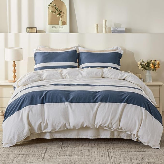 Simple&Opulence French Linen Duvet Cover Set with Stripe 88”x92”, 3 Pieces(1 Comforter Cover and 2 Pillow Shams) Rustic Natural Flax Cotton Blend(Queen,White and Navy)