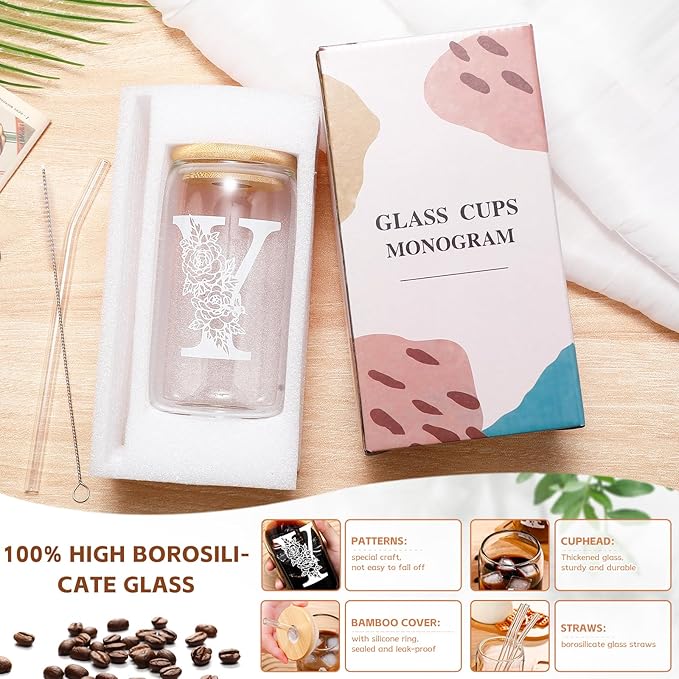 DWTS DANWEITESI Birthday Gifts for Women: Initial Glass Cup as Office Graduation Memorial Holiday Personalized Gifts - for Teacher Employee Nurse Coworkers Bridesmaid Bride - Y Aesthetic Cup