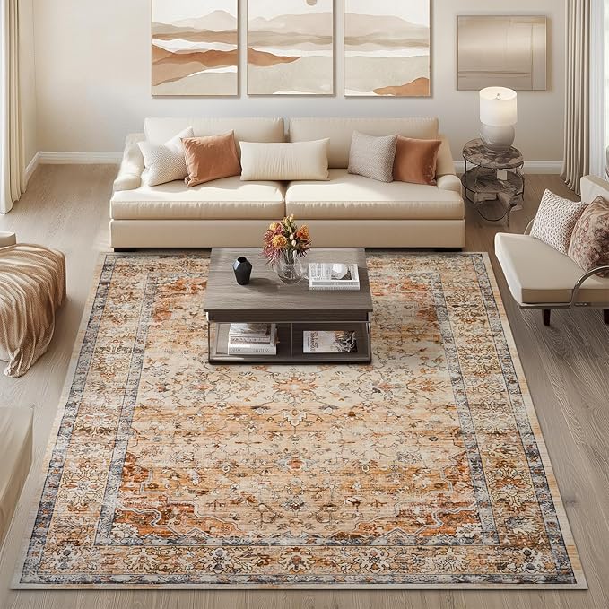 8x10 Area Rugs for Living Room Washable Non Slip Boho Modern Large Rugs Soft Faux Fur Low Pile Stain Resistant Vintage Euro Floral Big Carpet Rug for Bedroom Dining Room Family Room Fall Decor,Orange