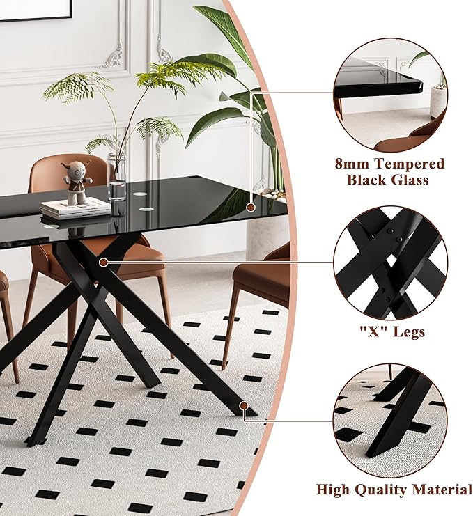 Goujxcy Modern Glass Dining Table Set for 6, Black Glass Kitchen Table and Chairs Set, 7 Piece Dining Room Table Set with 51" Rectangle Dinner Table and 6 Grey Leather Dining Chairs