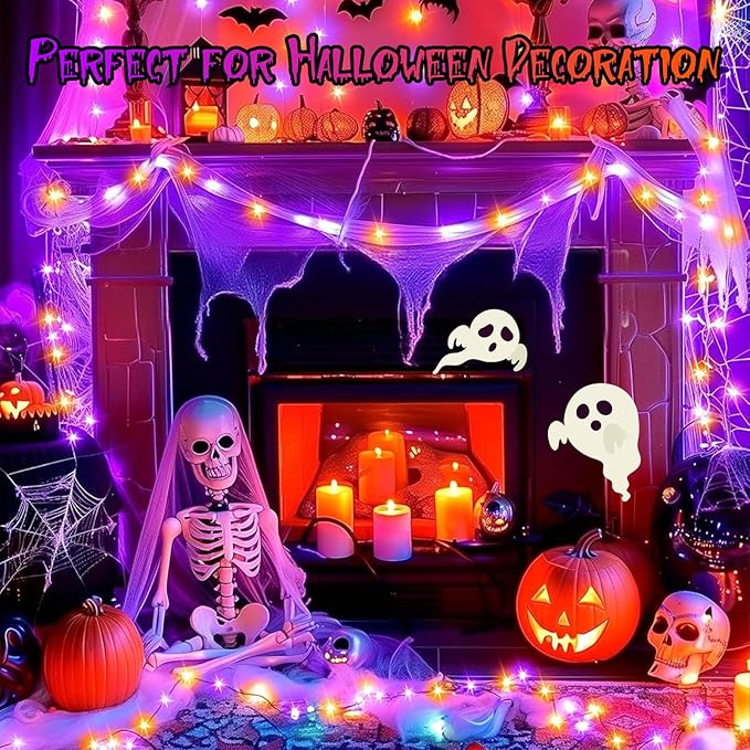 Purple&Orange Halloween Lights, 33FT 100 LED Outdoor String Light with Timer & 8 Modes, 3AA Battery Operated Waterproof String Light for Outdoor and Indoor Halloween Decor