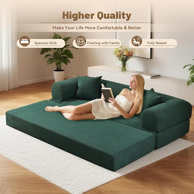 Convertible Folding Sofa Bed,80" Pull Out Couch with Pillows & Storage Pocket,Modular Futon Bed Corduroy Queen Sleeper Sofa in a Box,Compression Boneless Couch for Living Room,Deep Green