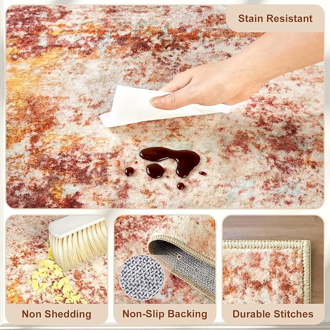 Area Rug Living Room Rugs - 10x14 Washable Modern Neutral Abstract Rugs Soft Low Pile No Slip Stain Resistant Rug Indoor Large Carpet for Bedroom Dining Room Nursery Room Home - Pink/Orange