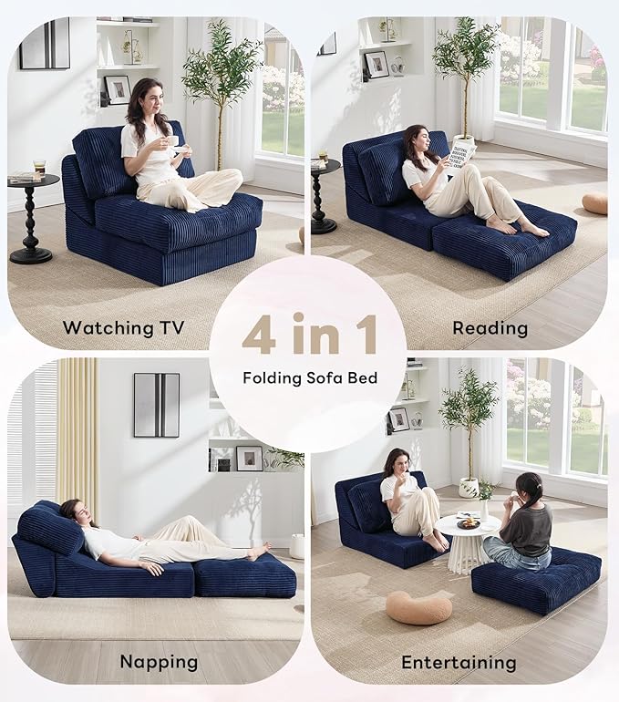 Tbfit 35.8'' Folding Sofa Bed, Convertible Sleeper Chair with Large Pillow, Corduroy Folding Couch Bed, Portable & Foldable Mattress Boneless Floor Sofa Set of 2, Blue