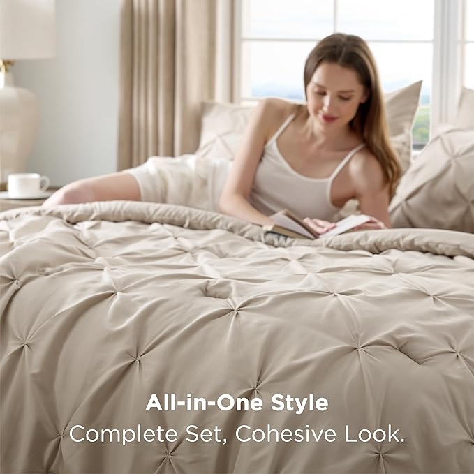 Bedsure Oversized King Comforter Set Beige - Bed in a Bag Bedding Set 7 Pieces, GentleSoft™ Pintuck Bed Set Gift for Family, Pinch Pleat Beige Comforter with Sheets, Pillowcases & Shams