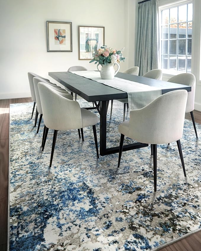 Washable Area Rug for Living Room: 6x9 Modern Abstract Neutral Soft Rug for Bedroom Dining Room No Slip Low Pile Carpet for Nursery Home Office - Grey/Blue