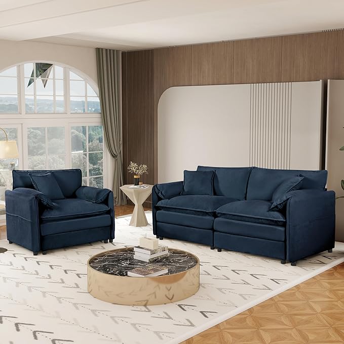 Chenille Sofa Set for Living Room, Modern Deep Seat Sofa Chair and Oversized 3-Seater Cloud Couch for Bedroom, Office, Apartment, Furniture Set