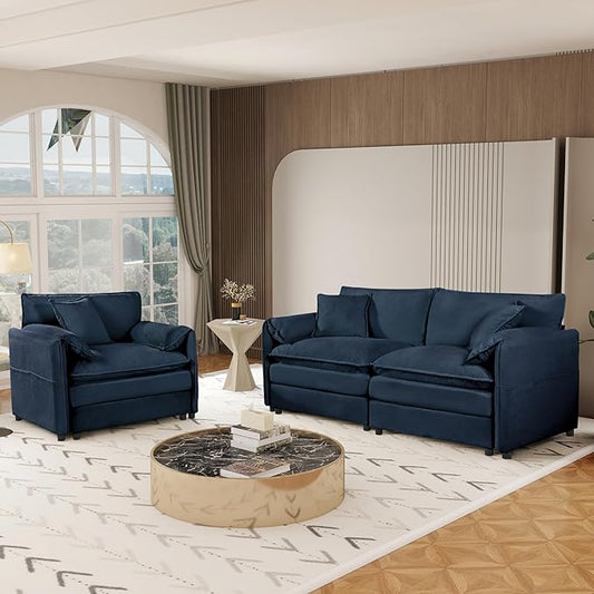 Chenille Sofa Set for Living Room, Modern Deep Seat Sofa Chair and Oversized 3-Seater Cloud Couch for Bedroom, Office, Apartment, Furniture Set