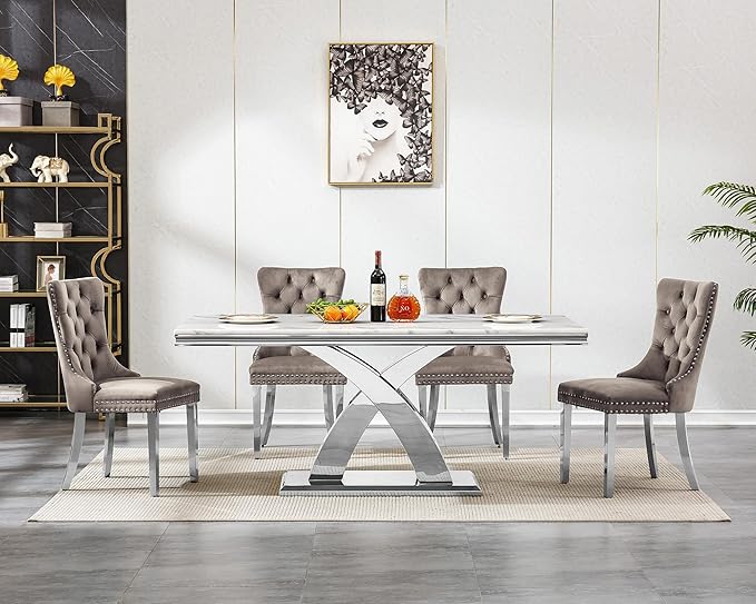 Goujxcy 68" Marble Dining Table Set for 4, Modern Rectangle Dining Room Table Set for 4, Luxury White Silver Marble Kitchen Table and Chairs Set of 4 for Living Room,Kitchen