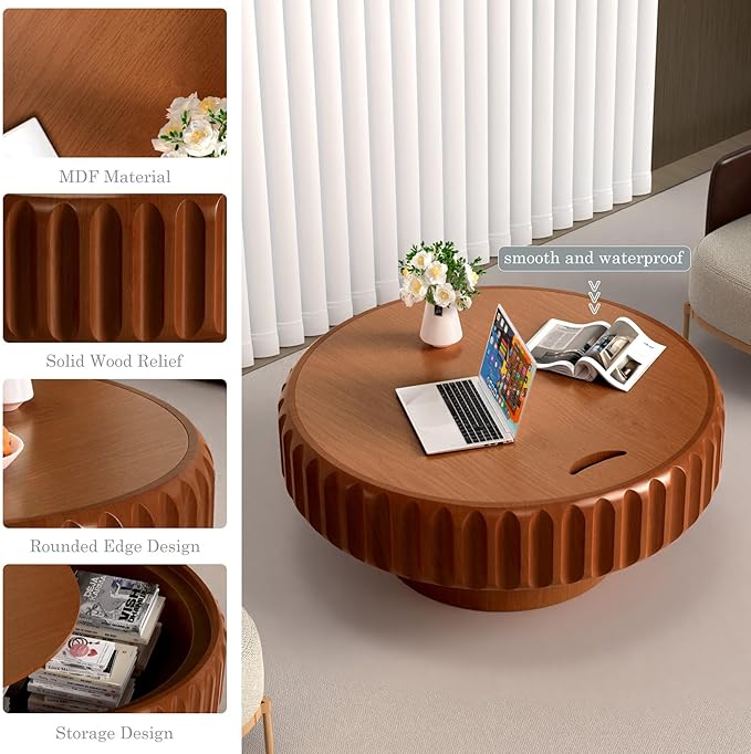 Round Coffee Tables with Storage Fluted Drum Coffee Table with Solid Wood Relief, Modern Circle Wooden Coffee Tables Brown Center Table Accent Tea Table for Living Room Apartment (Round 31.5'')